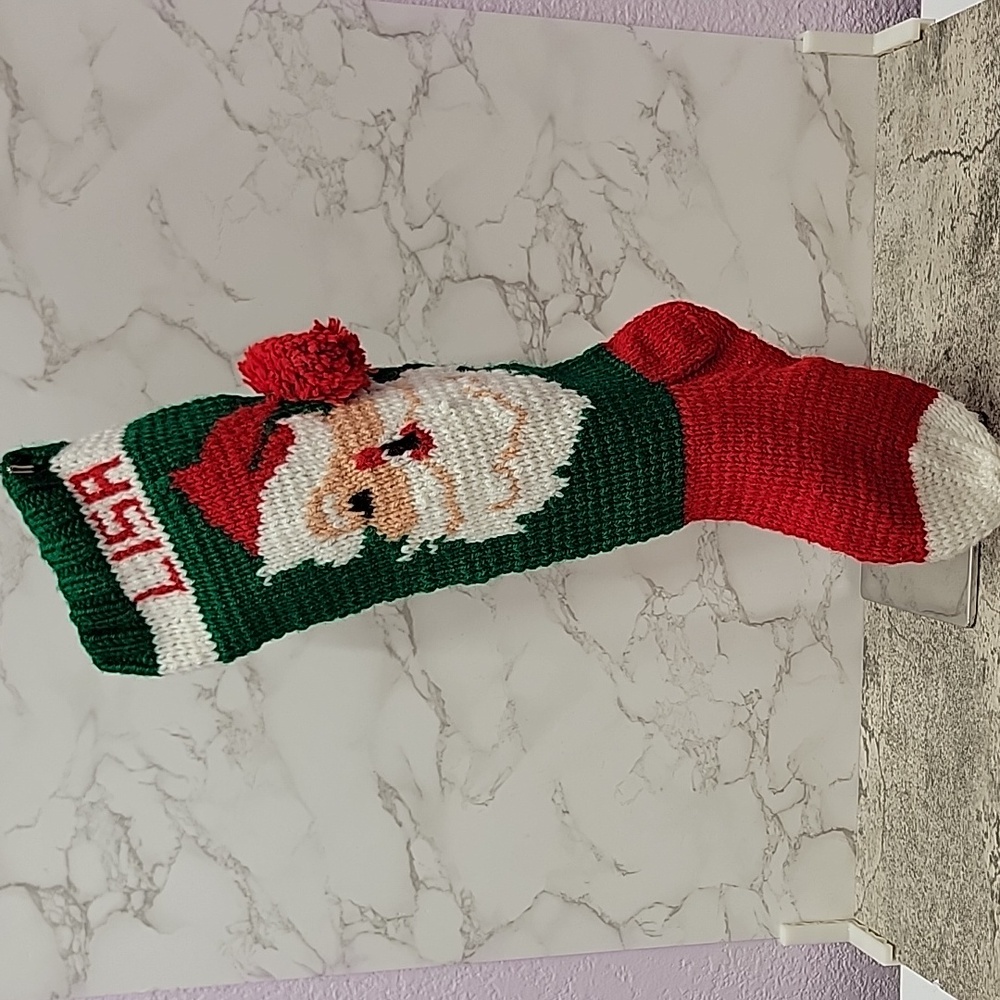 Vintage Hand knit Santa Claus Christmas Stocking with pom pom Lisa